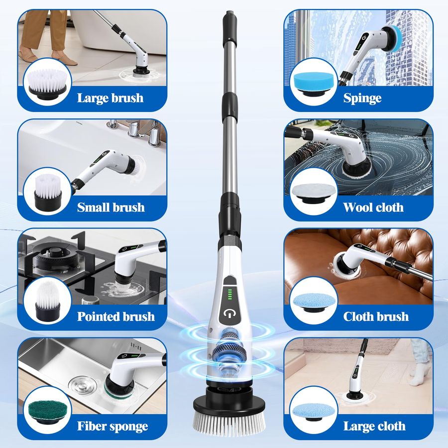 9-in-1 Cordless Electric Cleaning Brush / Telescopic Handle Multi-Function Brush for the Whole Home