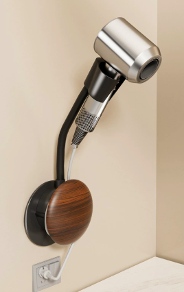 Hair Dryer Holder with Carbon Steel and Wooden Details / Hands-Free Wall Mount
