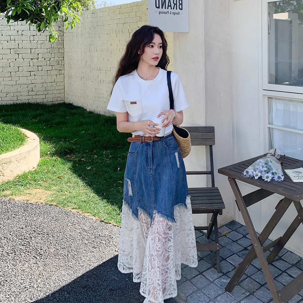 2026 Lace Denim Half Skirt / Buttoned Denim Midi Skirt