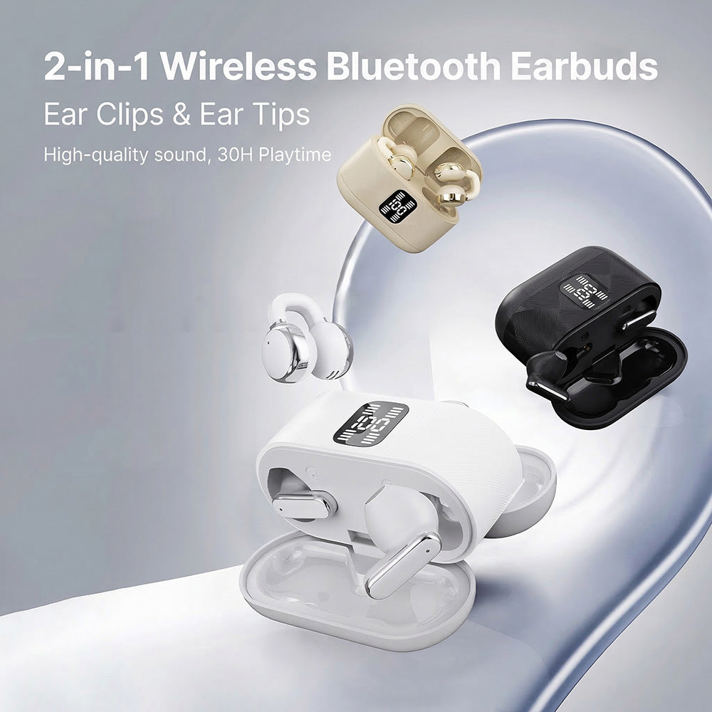2-in-1 Wireless Bluetooth Earbuds with Ear Clips and Earbuds | 30 Hours Playtime