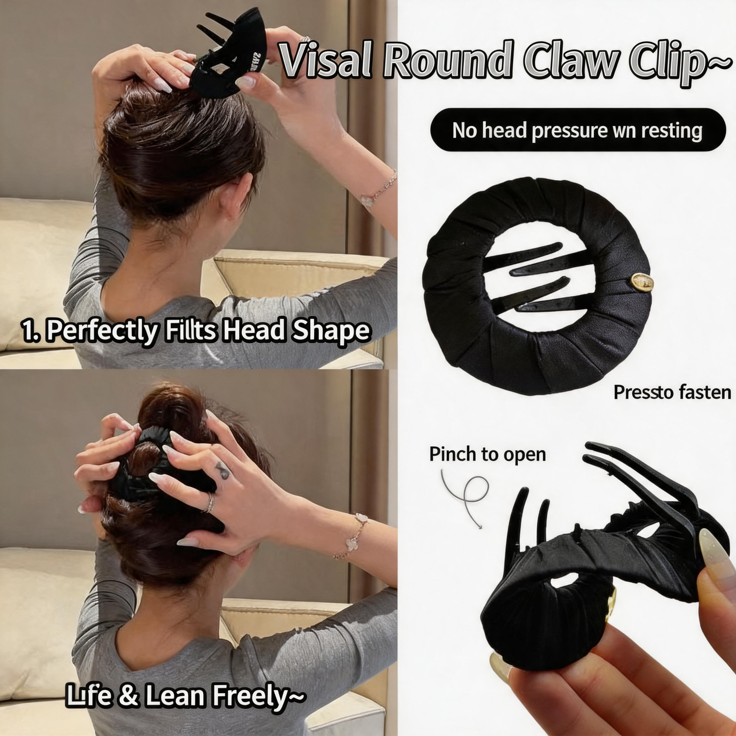 Flat Pressure-Free Hair Claw Clip / Zero-Pressure Ponytail Holder for Women