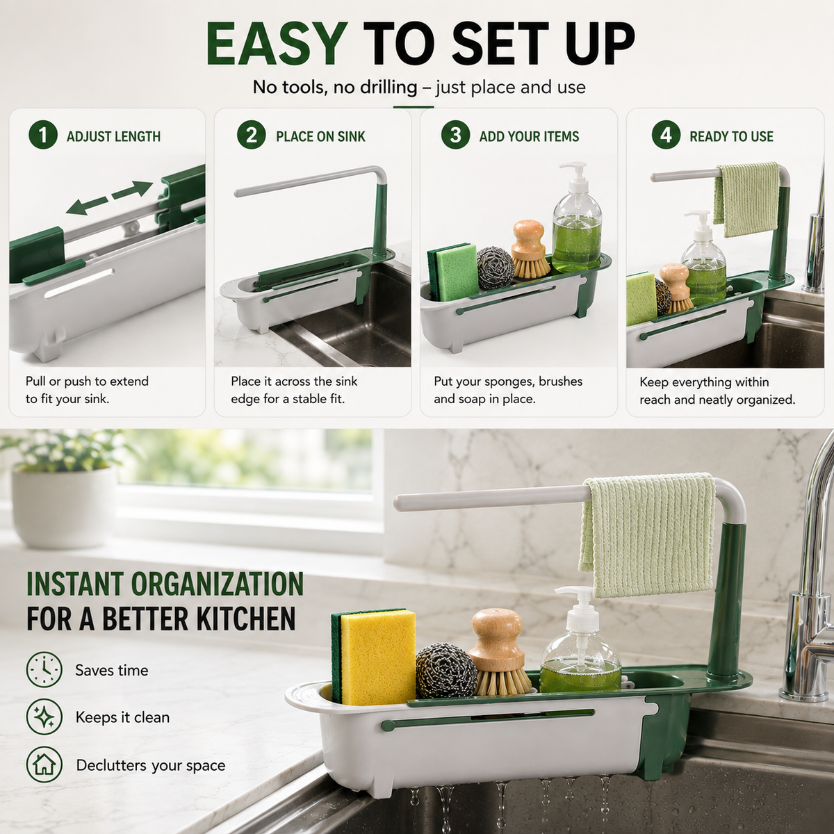 🔥✨ Adjustable and telescopic kitchen sink organizer – drain, dry, and organize