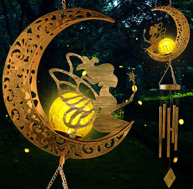 Solar Powered Sun and Moon Shaped Metal Pendant / LED Pattern Outdoor Decoration