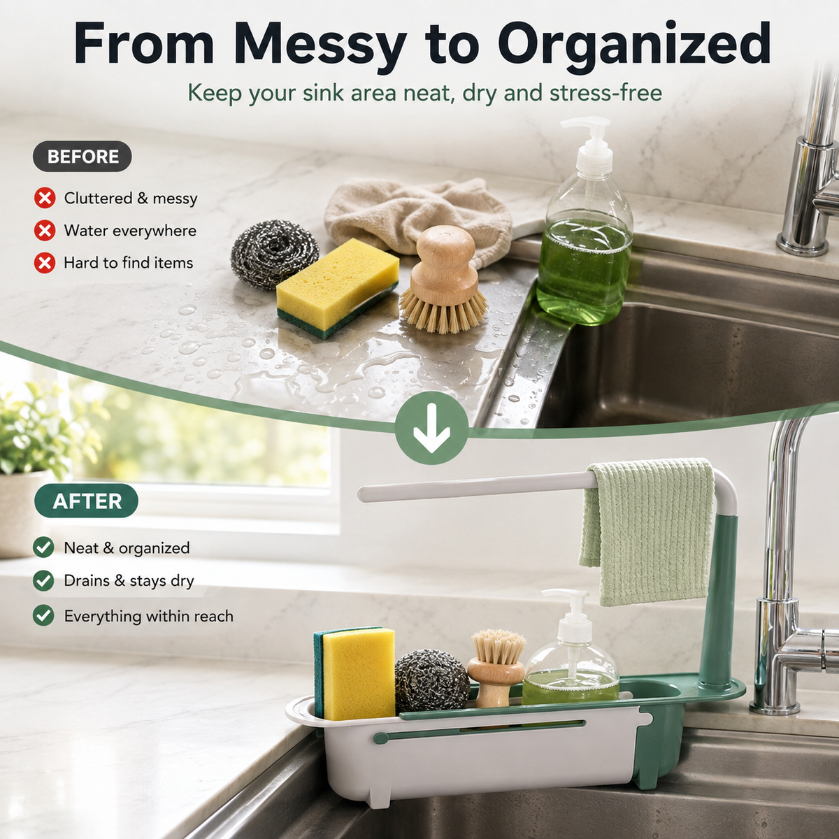 🔥✨ Adjustable and telescopic kitchen sink organizer – drain, dry, and organize