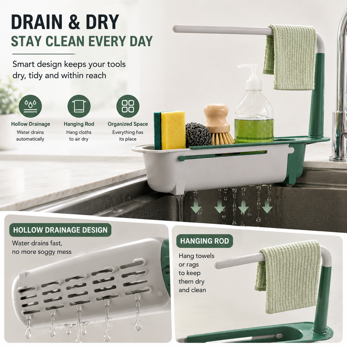 🔥✨ Adjustable and telescopic kitchen sink organizer – drain, dry, and organize