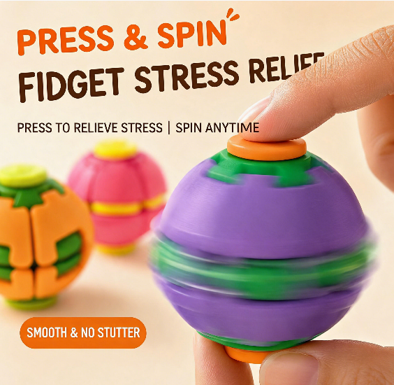 3D Printed Stress Relief Ball: Push & Spin Dual-Play Fidget Toy | Pocket-Sized Desk Decompressor