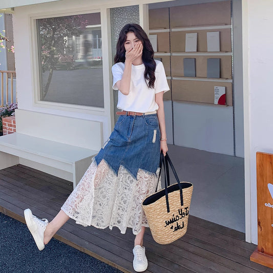 2026 Lace Denim Half Skirt / Buttoned Denim Midi Skirt
