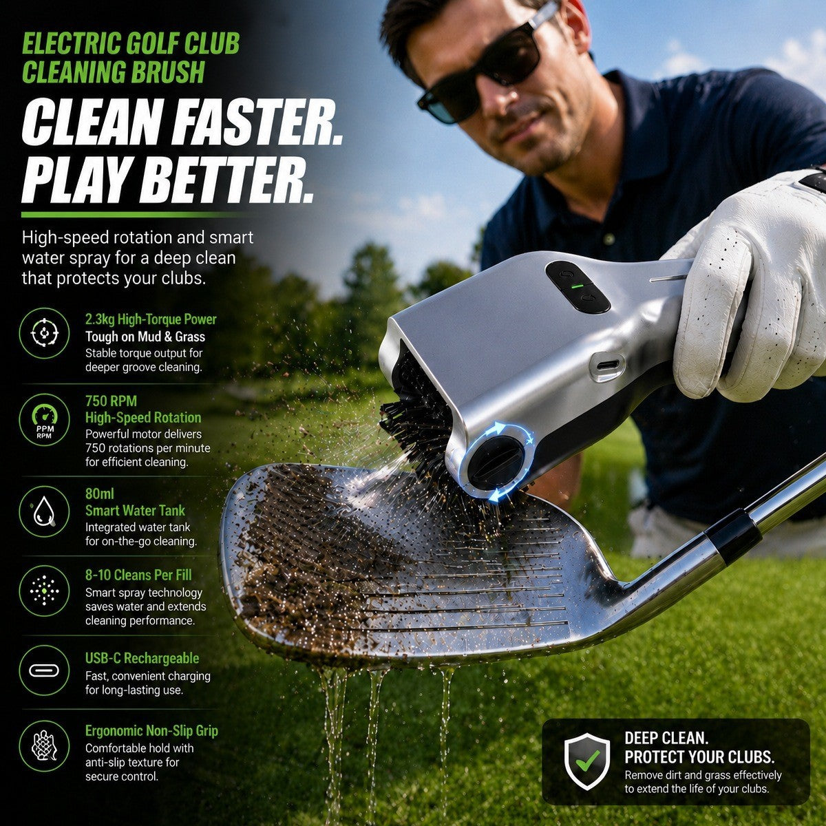 Electric Golf Club Cleaner / Dual-Bristle Portable Groove Brush with Carabiner Clip
