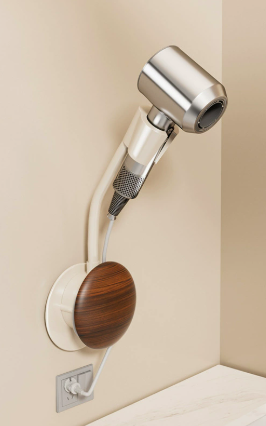 Hair Dryer Holder with Carbon Steel and Wooden Details / Hands-Free Wall Mount