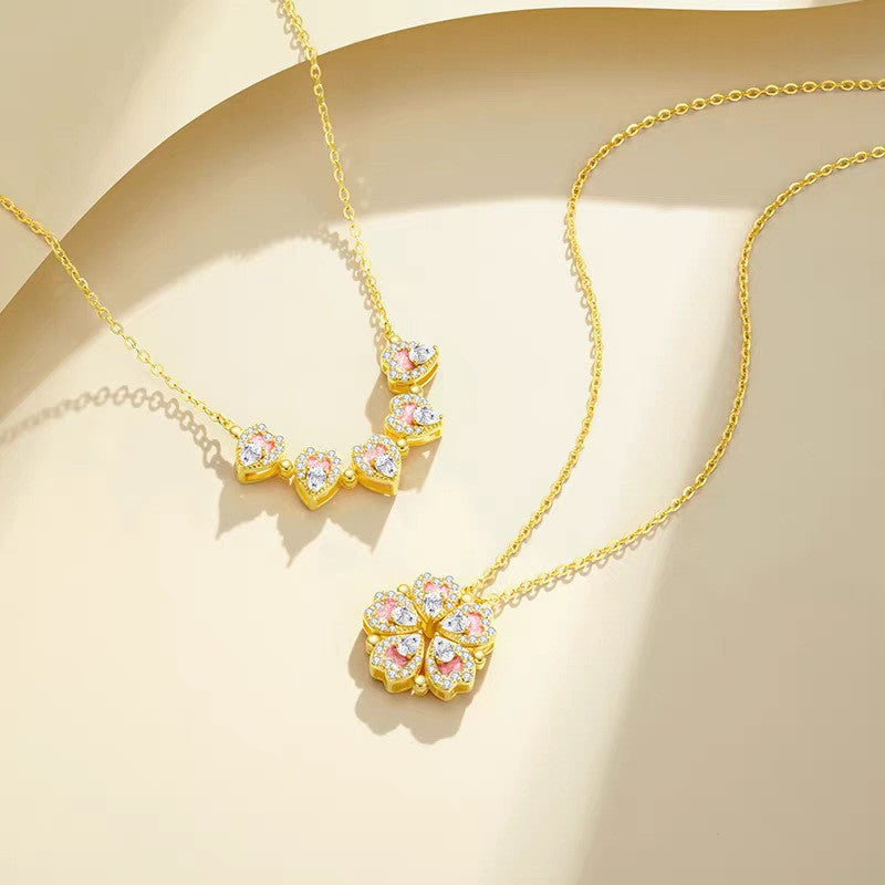 Peach Blossom Enamel Necklace / Double Sided Light Copper Necklace for Women