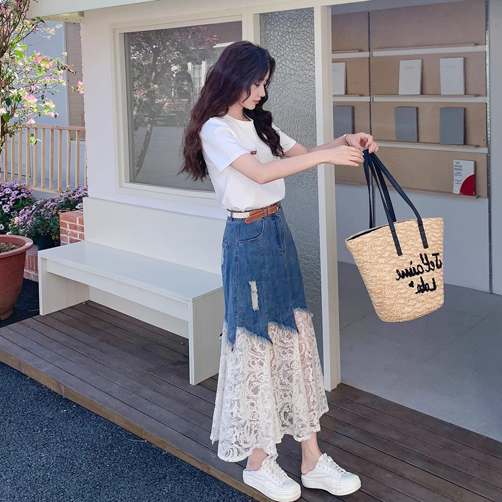 2026 Lace Denim Half Skirt / Buttoned Denim Midi Skirt