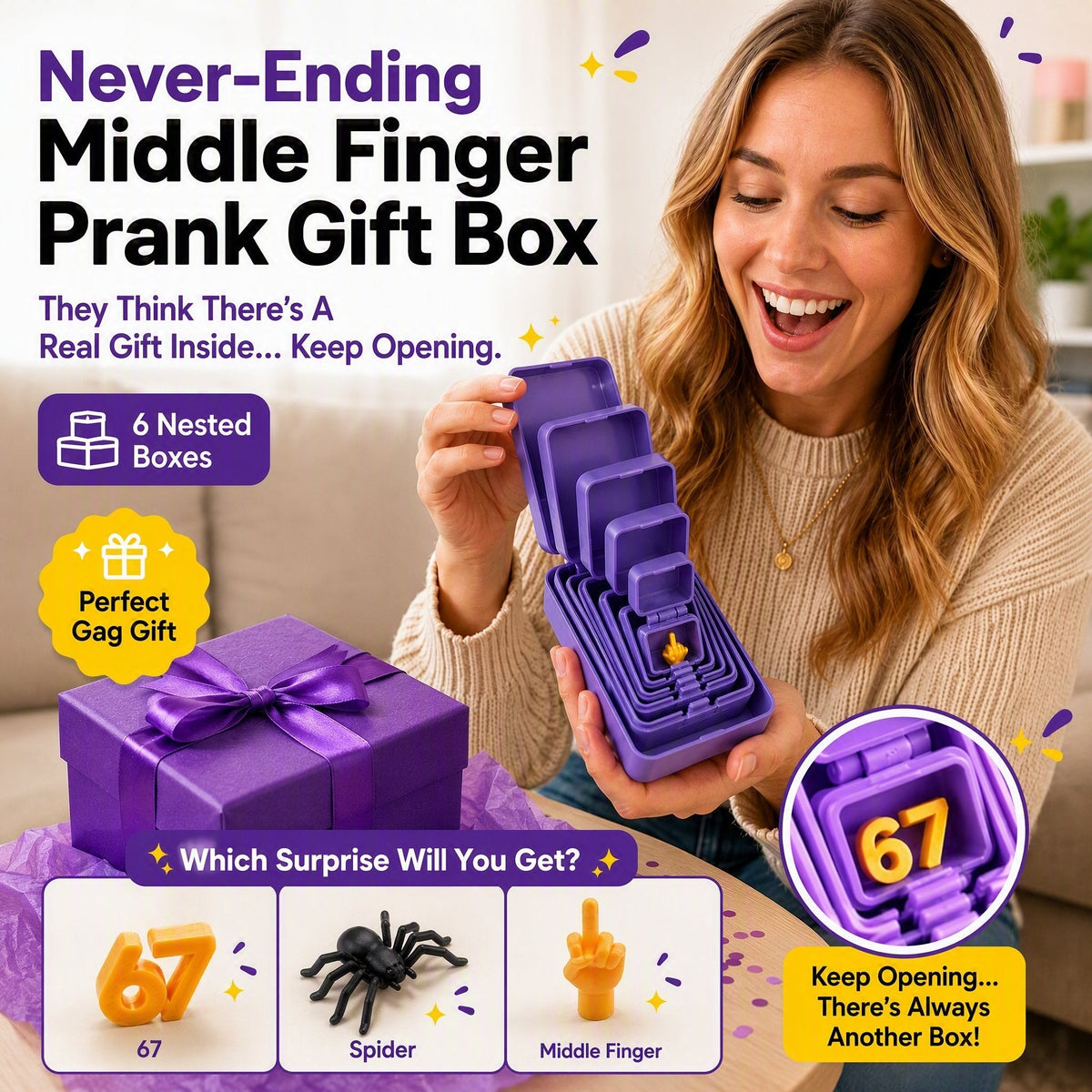🎁 6-layer prank and surprise gift box | Choose your surprise: Middle finger, spider, or the number 67