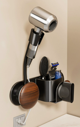 Hair Dryer Holder with Carbon Steel and Wooden Details / Hands-Free Wall Mount