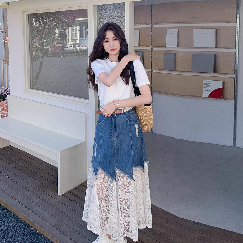 2026 Lace Denim Half Skirt / Buttoned Denim Midi Skirt