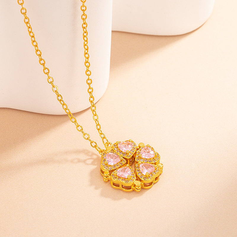 Peach Blossom Enamel Necklace / Double Sided Light Copper Necklace for Women