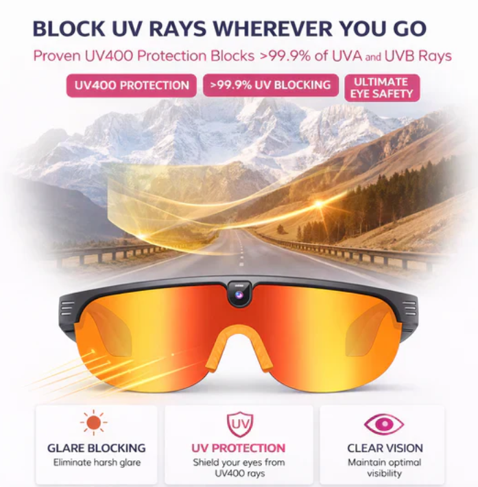 AI Smart Glasses | 8MP Camera 1200P Video Recording – Bluetooth Calling & Music for Outdoor Cycling Sports