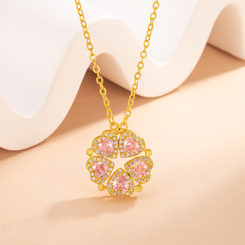 Peach Blossom Enamel Necklace / Double Sided Light Copper Necklace for Women