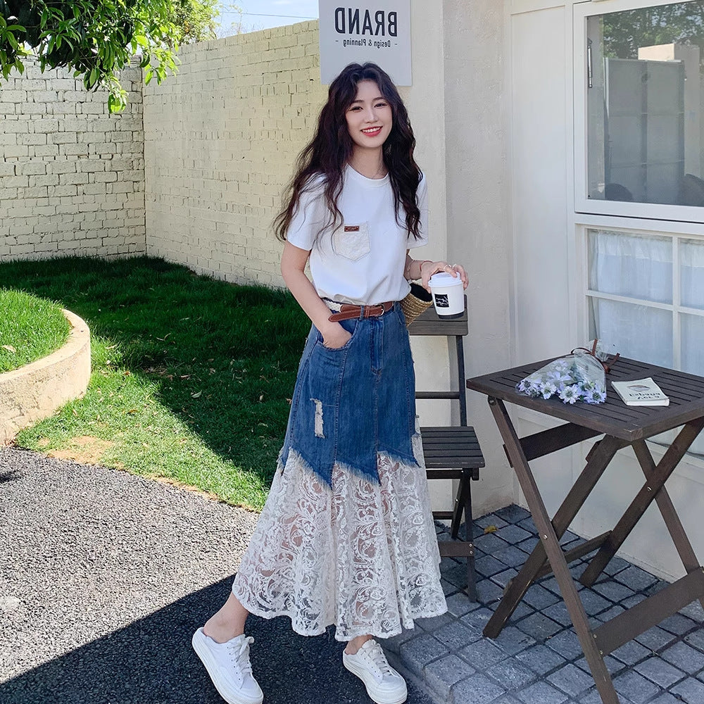 2026 Lace Denim Half Skirt / Buttoned Denim Midi Skirt