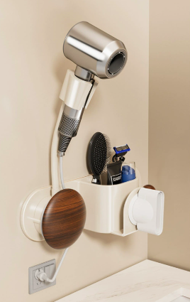 Hair Dryer Holder with Carbon Steel and Wooden Details / Hands-Free Wall Mount