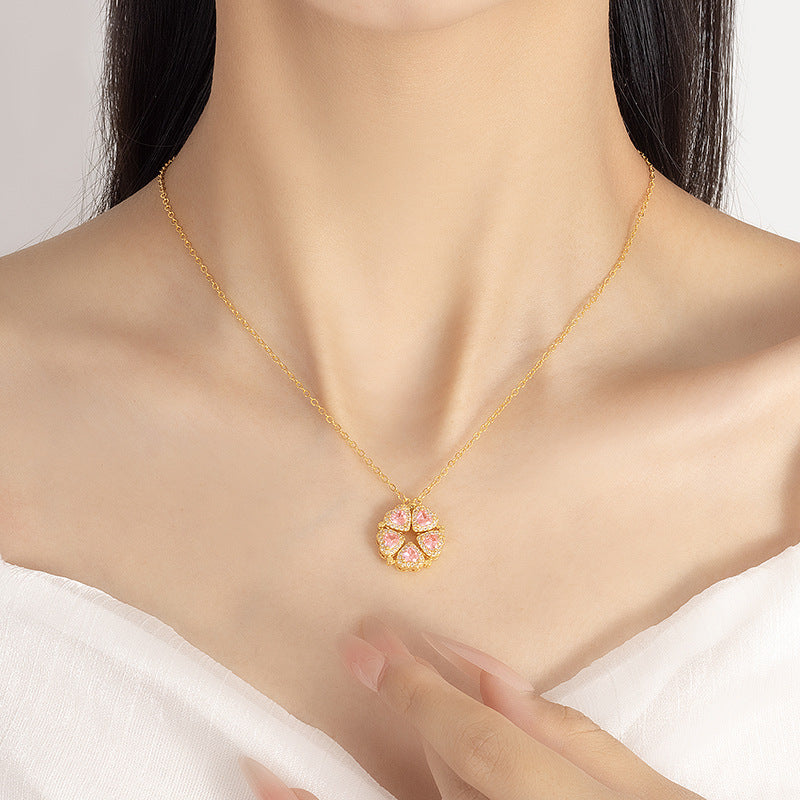 Peach Blossom Enamel Necklace / Double Sided Light Copper Necklace for Women
