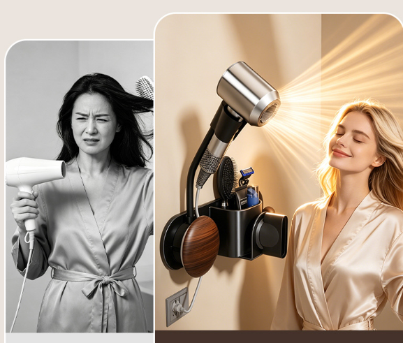 Hair Dryer Holder with Carbon Steel and Wooden Details / Hands-Free Wall Mount