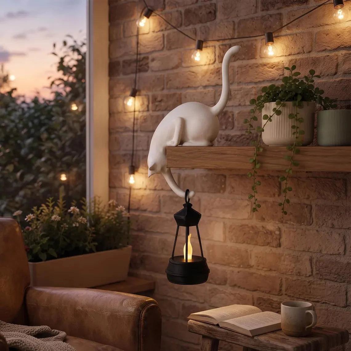 🐈‍Cute cat figurine for the bookshelf with LED light - Cute decoration for the bookshelf and practical key hook