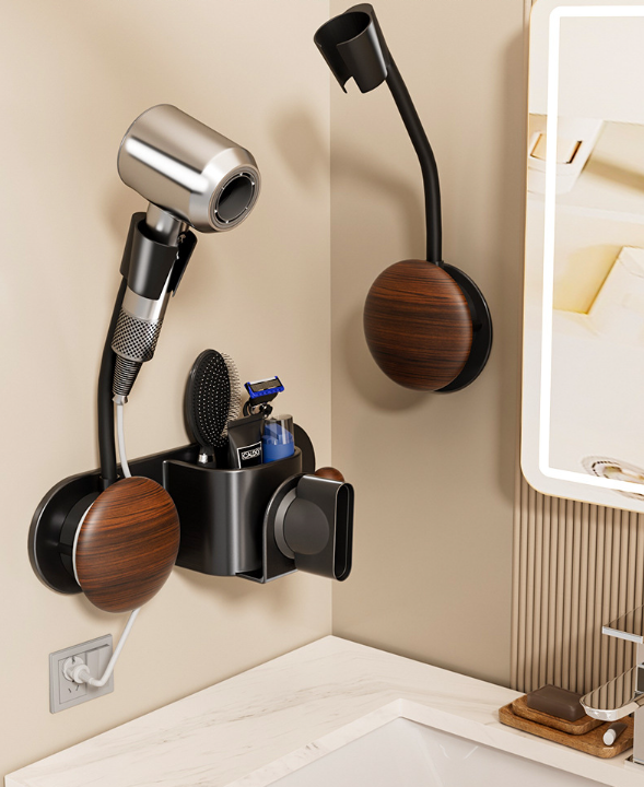 Hair Dryer Holder with Carbon Steel and Wooden Details / Hands-Free Wall Mount