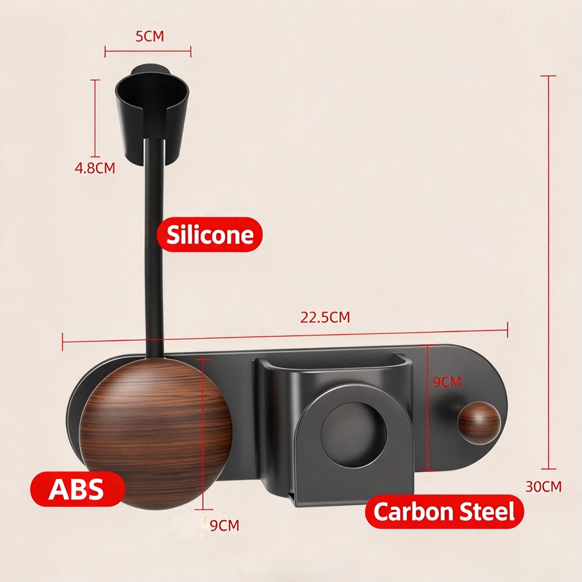 Hair Dryer Holder with Carbon Steel and Wooden Details / Hands-Free Wall Mount