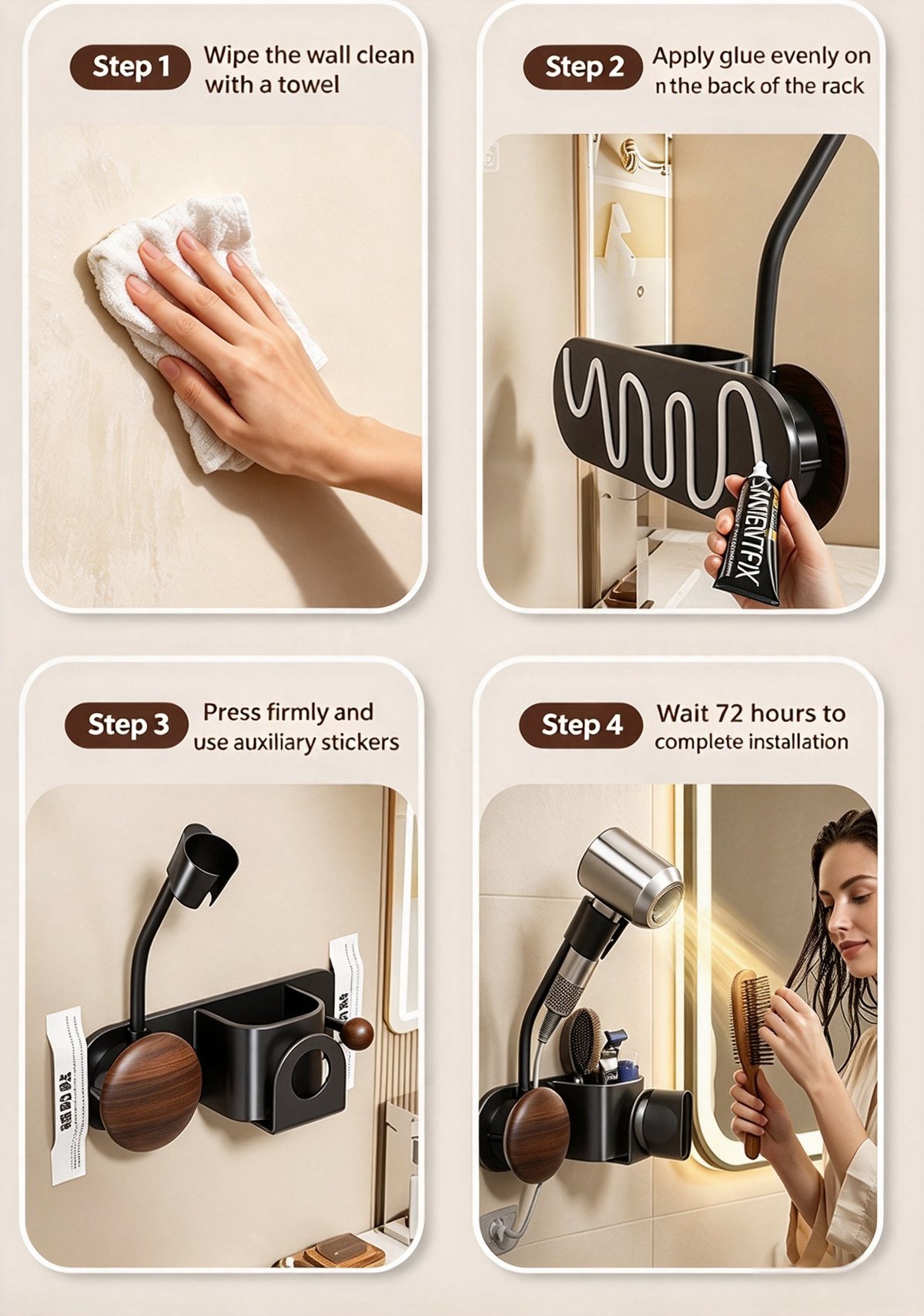 Hair Dryer Holder with Carbon Steel and Wooden Details / Hands-Free Wall Mount
