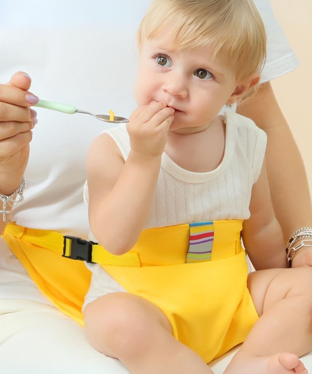 Safety belts for child seats – Portable holder for feeding straps