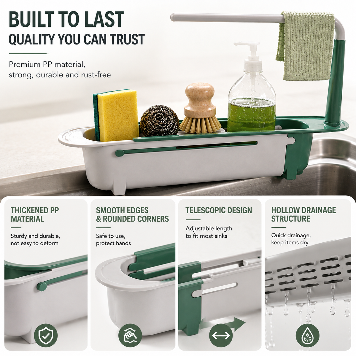 🔥✨ Adjustable and telescopic kitchen sink organizer – drain, dry, and organize