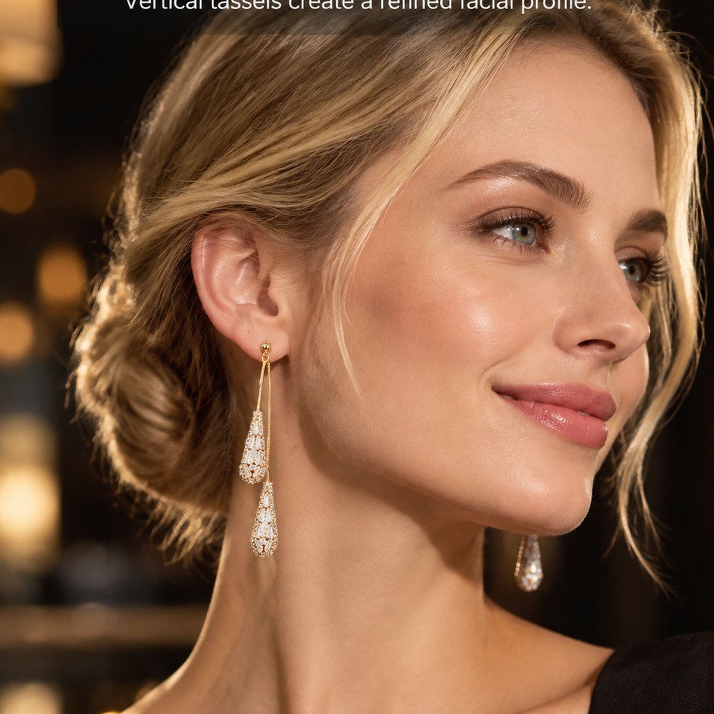 💎Elegant women's earrings with cubic zirconia – double-sided, teardrop-shaped, with tassels
